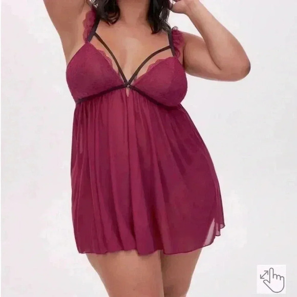 Torrid Curve Mesh Cap Sleeve Strappy Babydoll burgundy lingerie size large - Picture 1 of 7